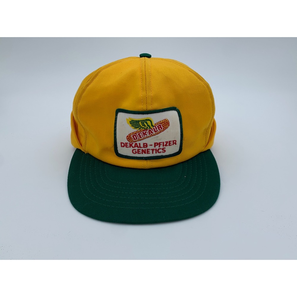 Vintage DeKalb-Pfizer Genetics Trucker Hat Yellow Green Ear‎ Flaps Size S Patch